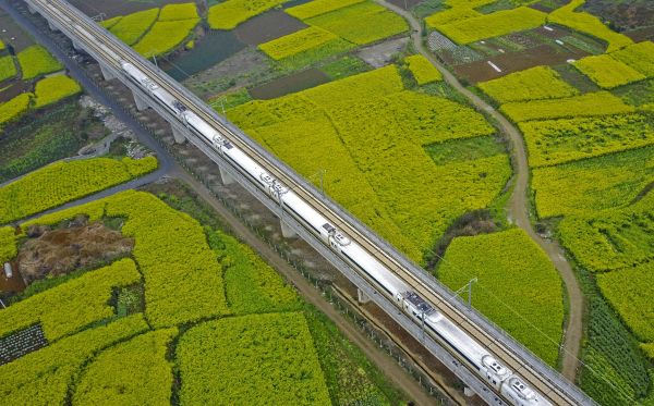 资料图片:一列动车组列车在沪昆高铁贵州安顺段行驶。 新华社发